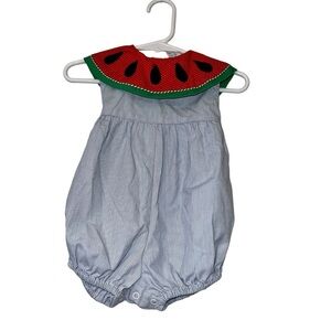 Vintage Samara Watermelon Collar Blue seersucker Baby Romper Sz 12m